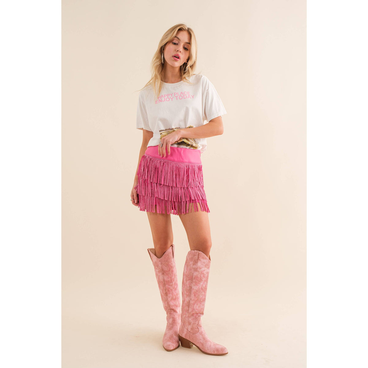 Festival Leather Waist Tiered Fringe Studded Short