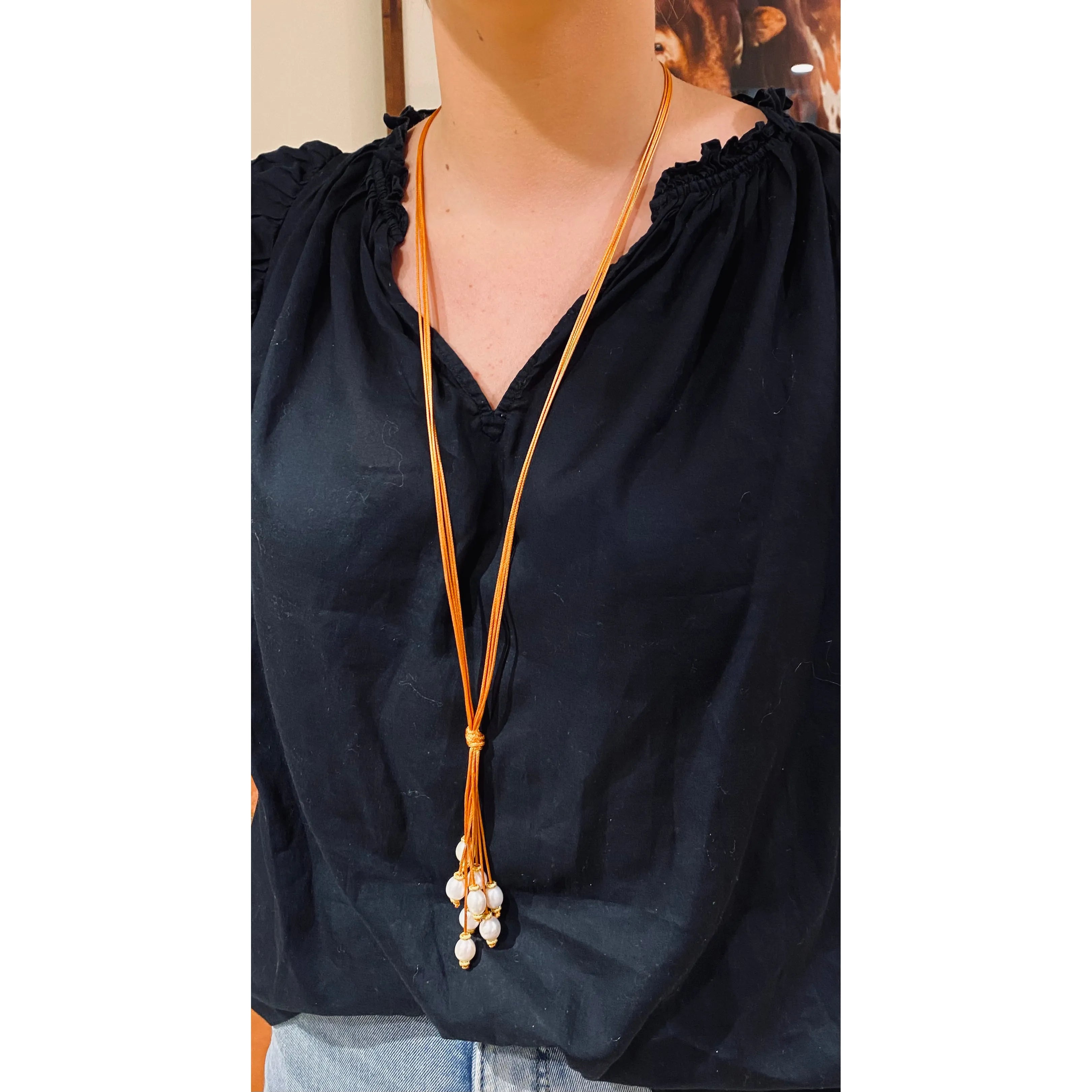 Long Lariat Pearl Necklace Toffee