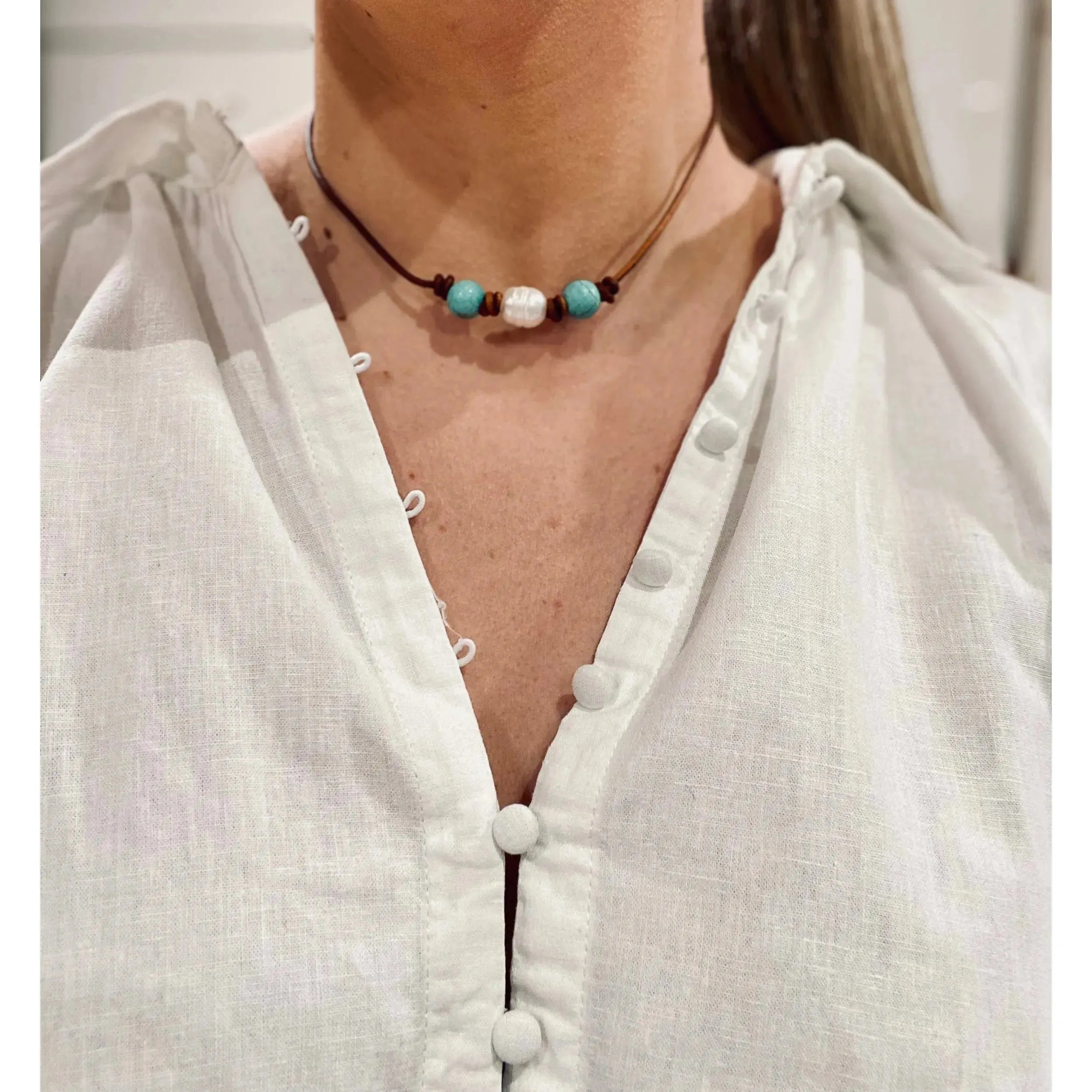 Turquoise and pearl dark tan leather necklace