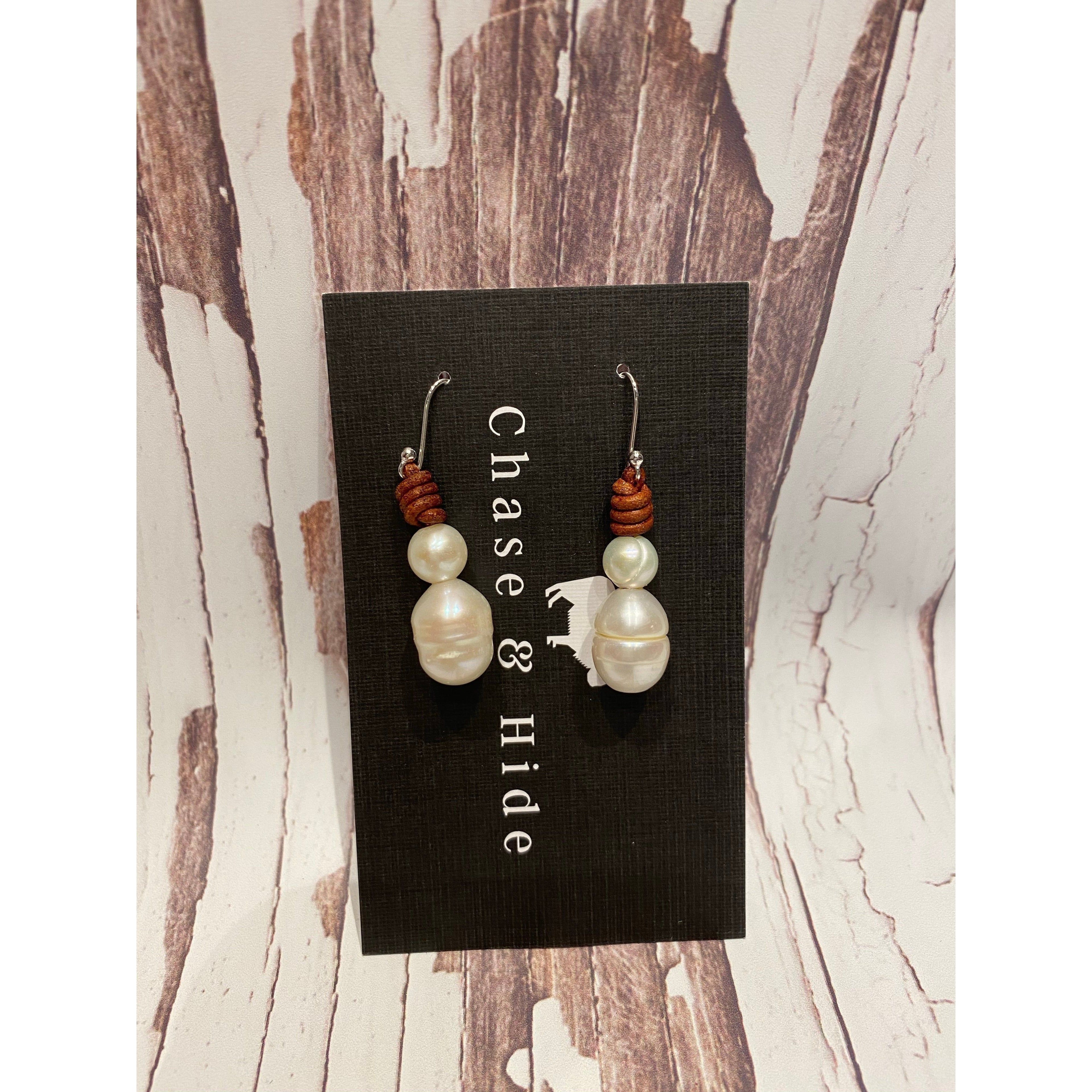 Leather and Pearl Earrings Deep Tan