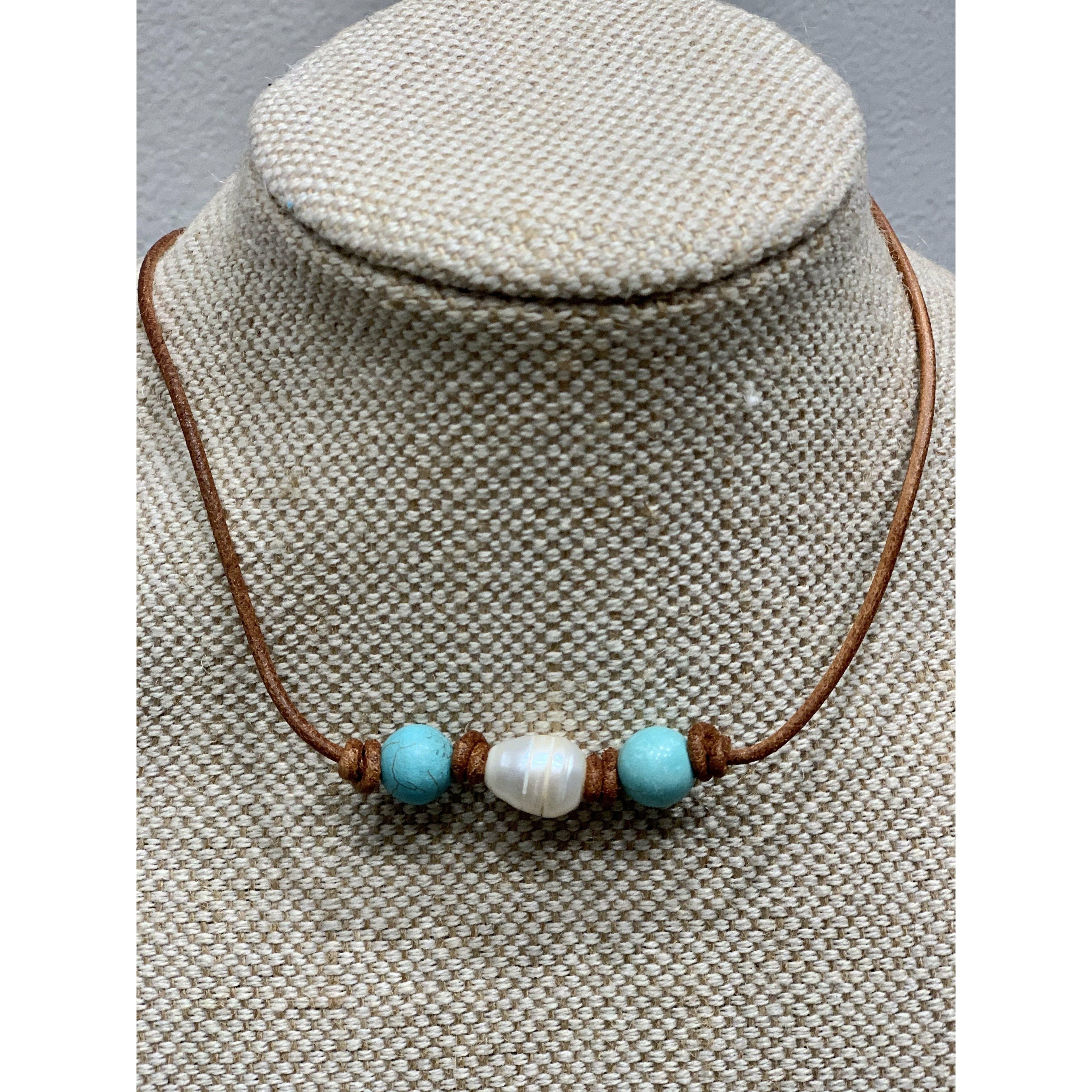 Turquoise and pearl dark tan leather necklace