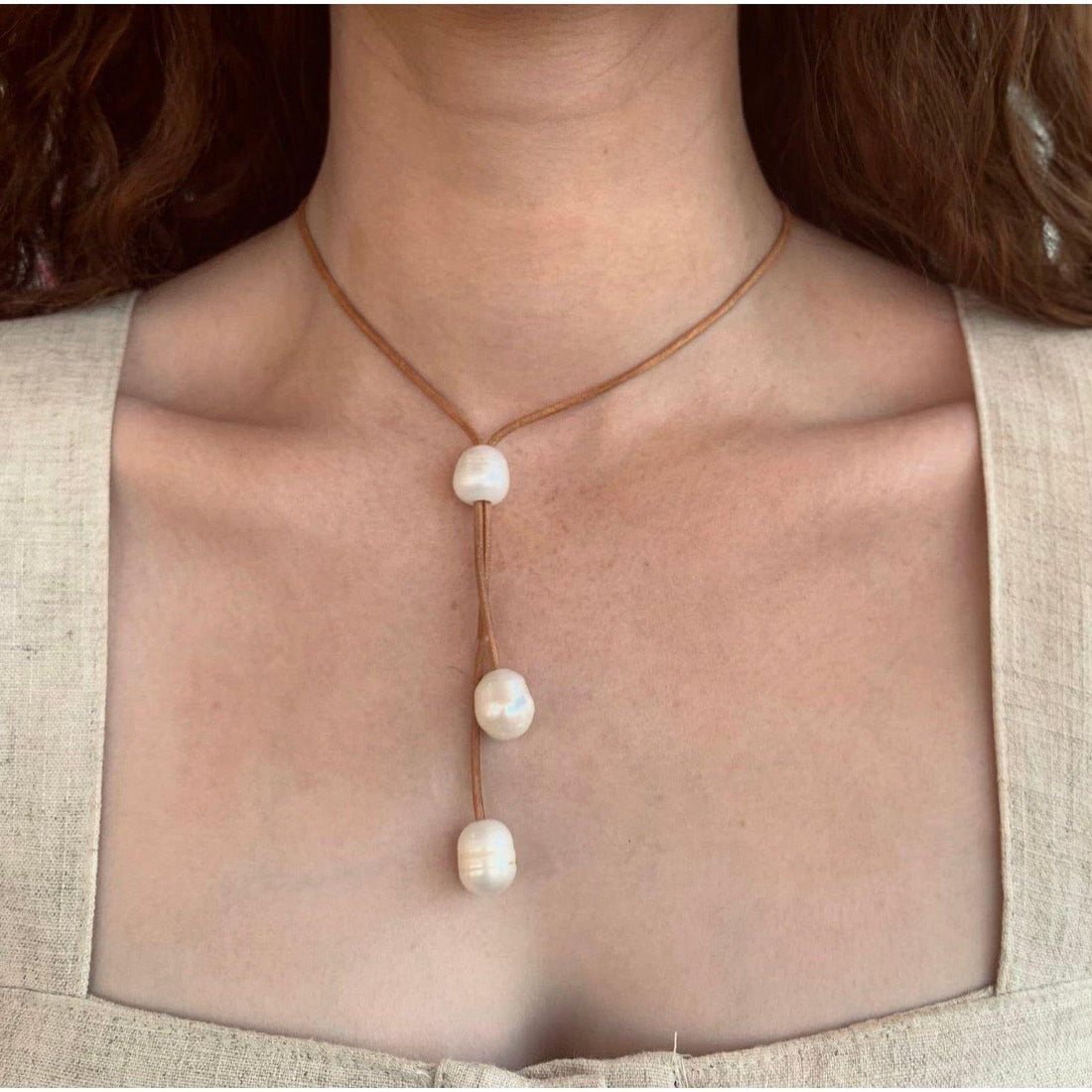 Leather and Pearl lariat necklace light tan