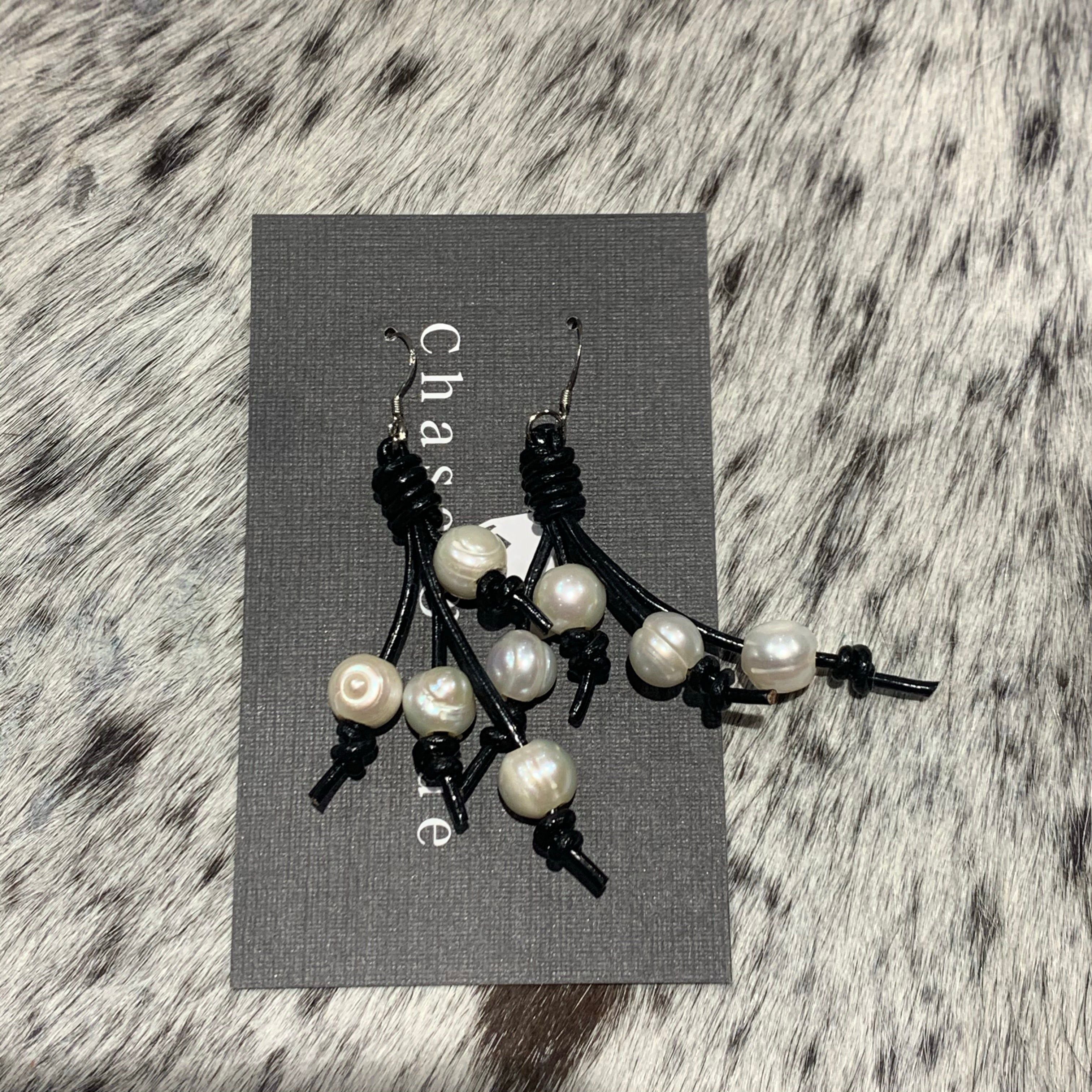 Pearl and Black Leather Tassel Earrings