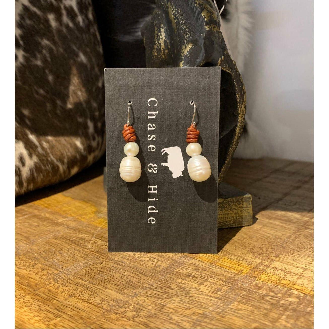 Leather and Pearl Earrings Deep Tan