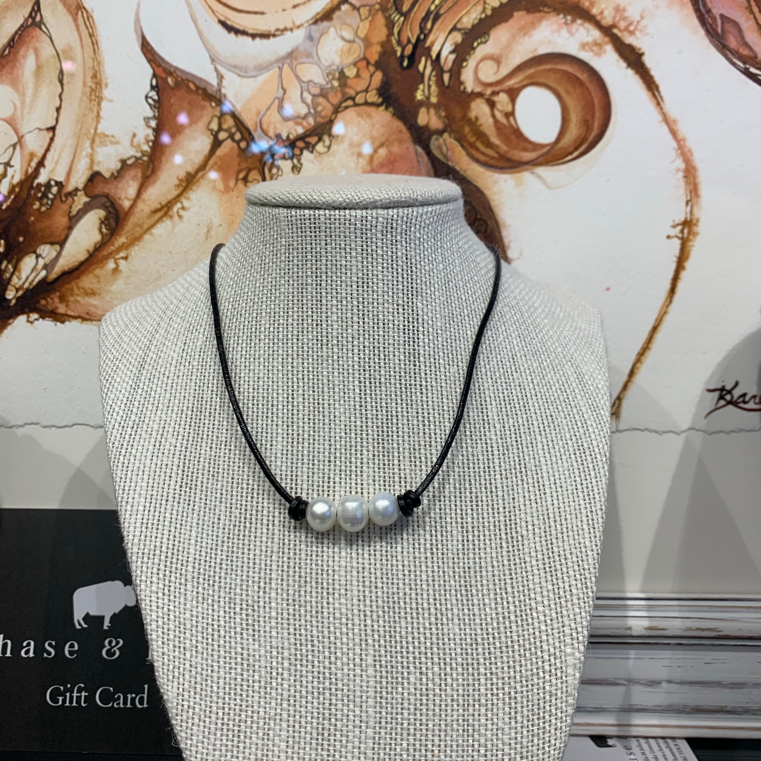 Pearls on black leather choker / necklace