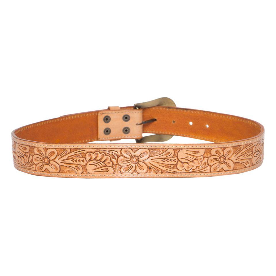Tan Tooled leather belt with removable buckle