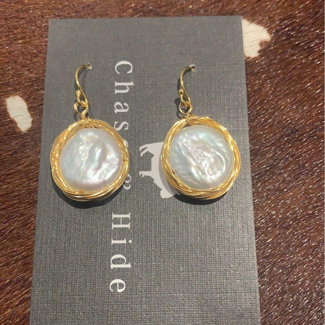 Baroque Pearl drop coin earrings Gold