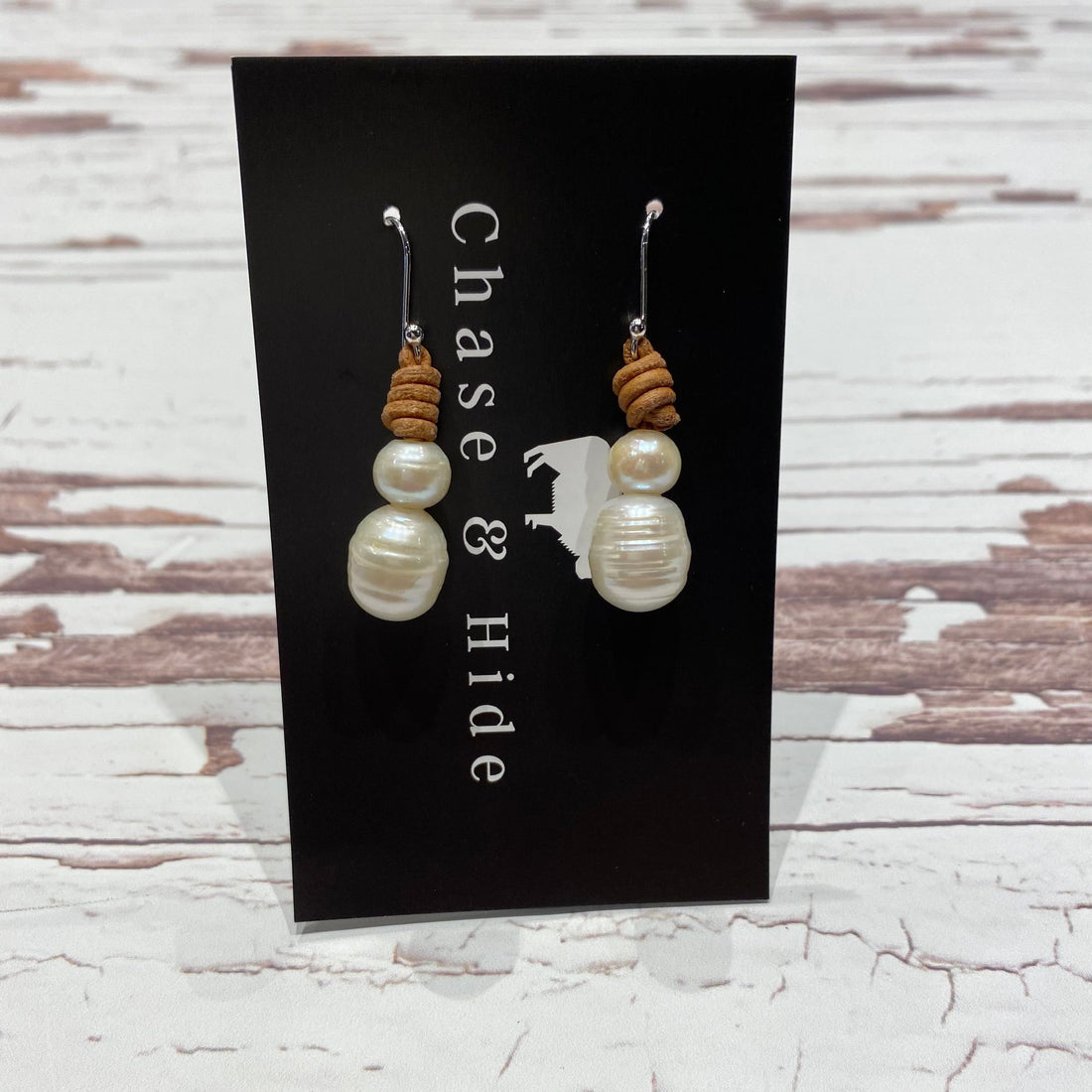 Leather and Pearl Earrings. Light leather
