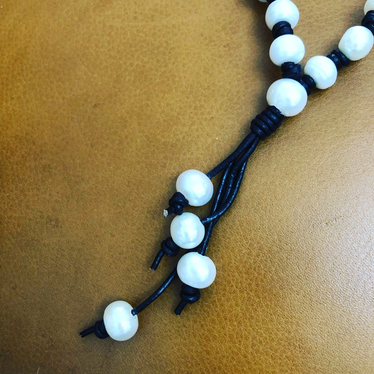 Pearl and Black Leather Tassel Necklace