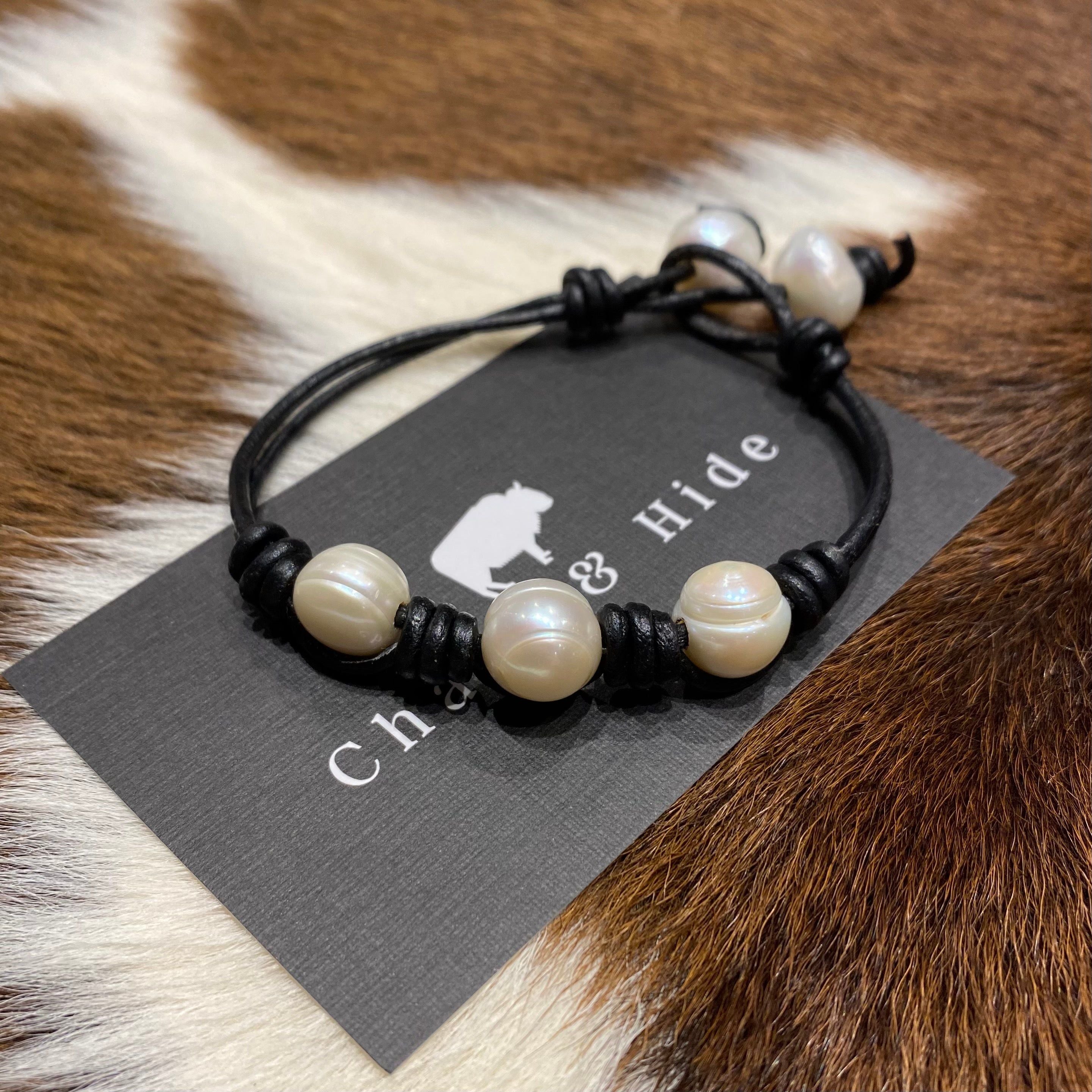 Black leather and pearl bracelet