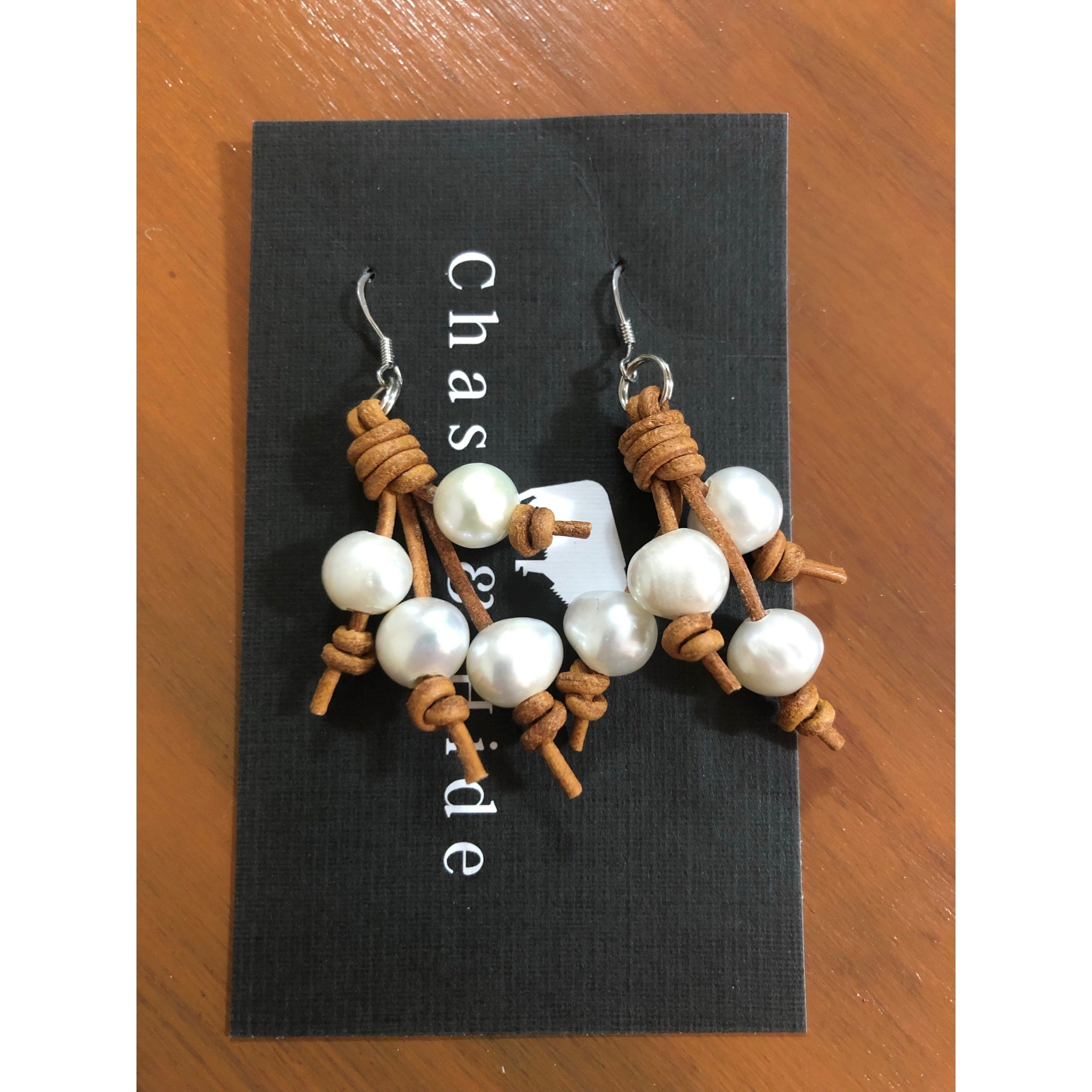 Pearl and Light Tan Leather Tassel Earrings