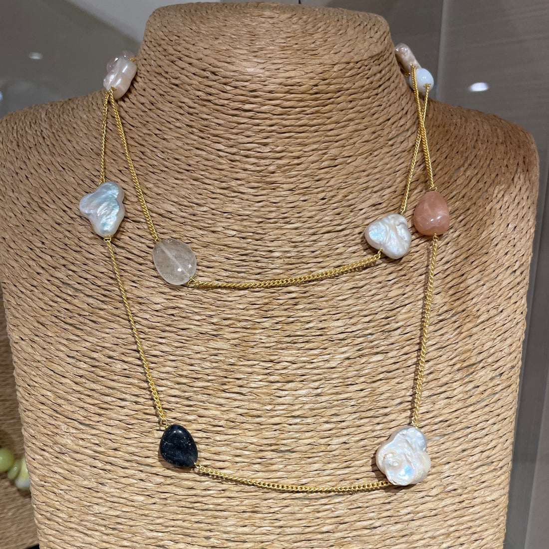 Pearl & Stones on gold necklace