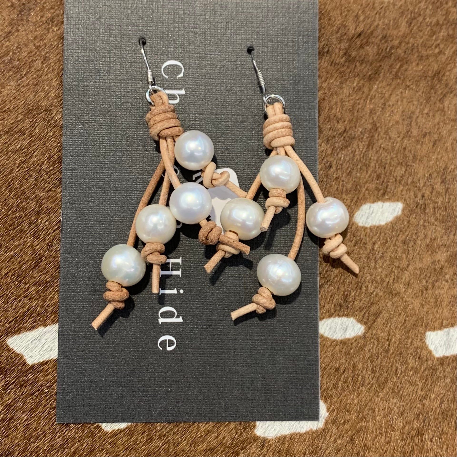 Pearl and Light Tan Leather Tassel Earrings