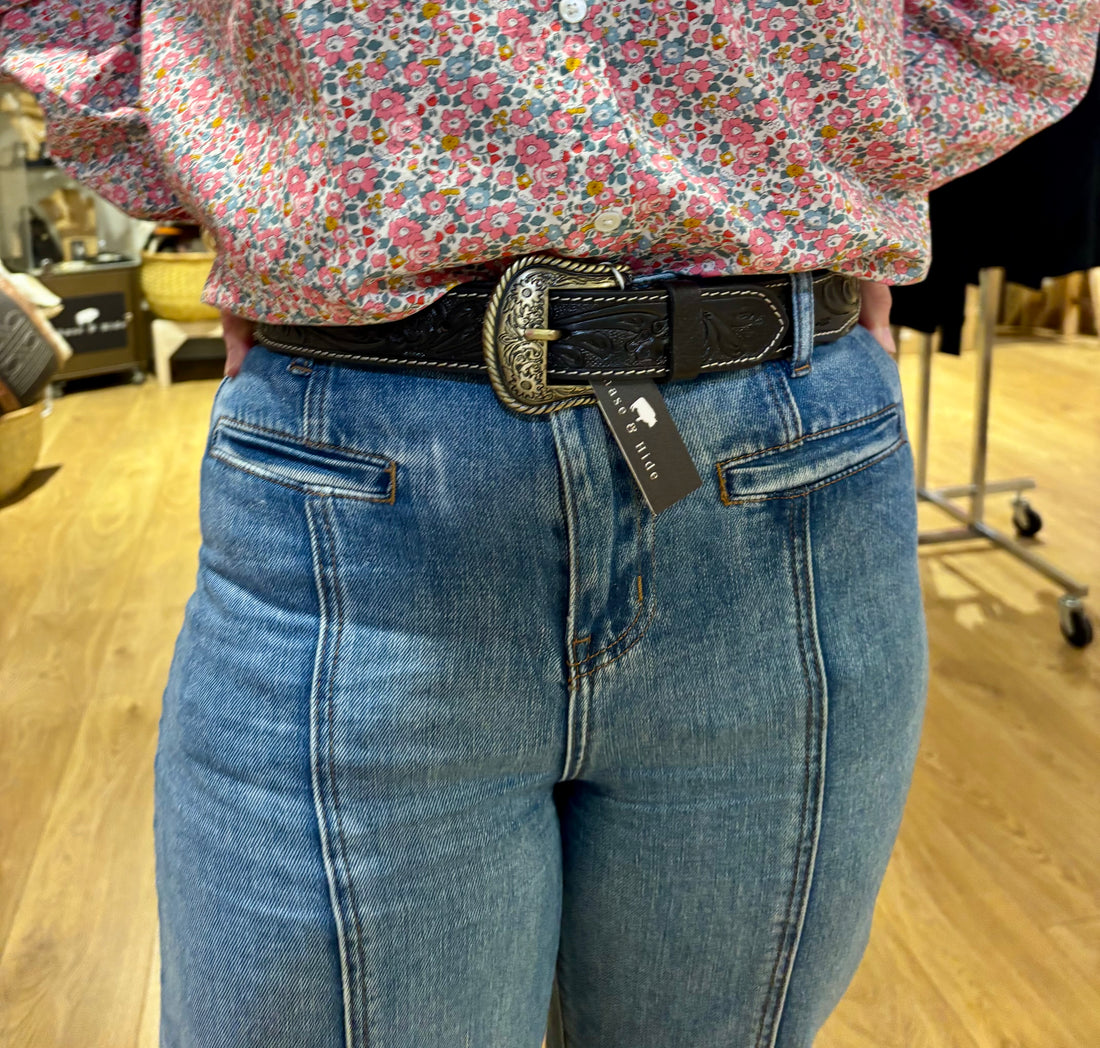 Black Tooled Leather and Hide Belt 