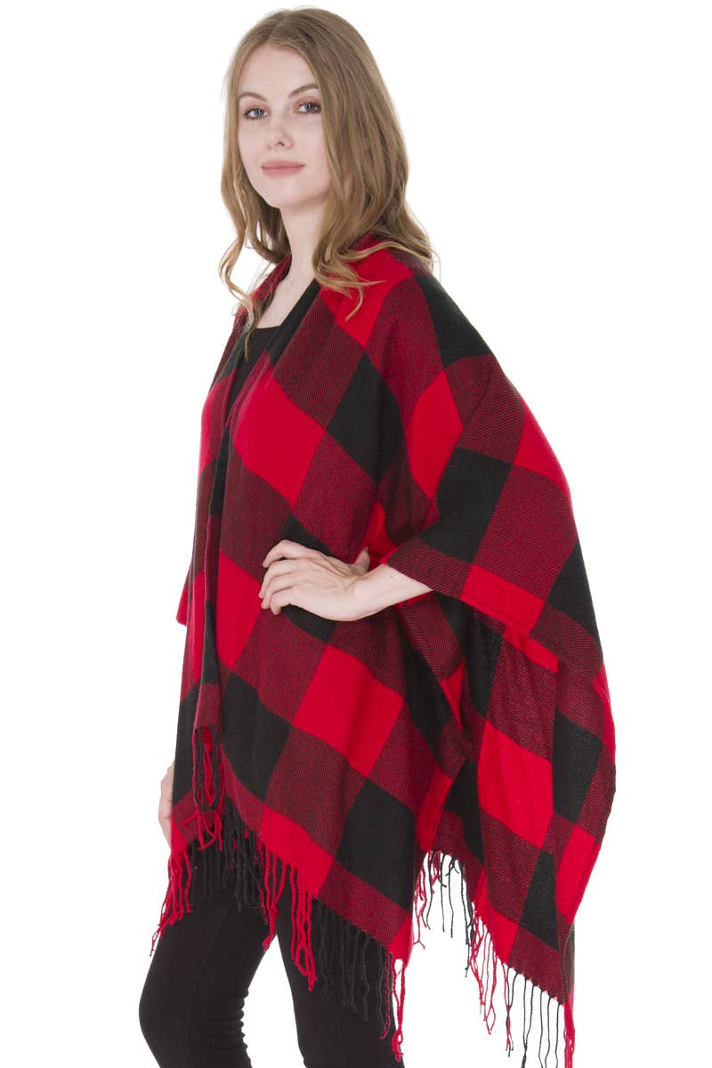 Buffalo Check Pattern Ruana Poncho with Fringes