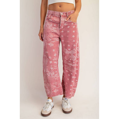 JEANS MINERAL WASHED PAISLEY PRINTED BARREL JEANS