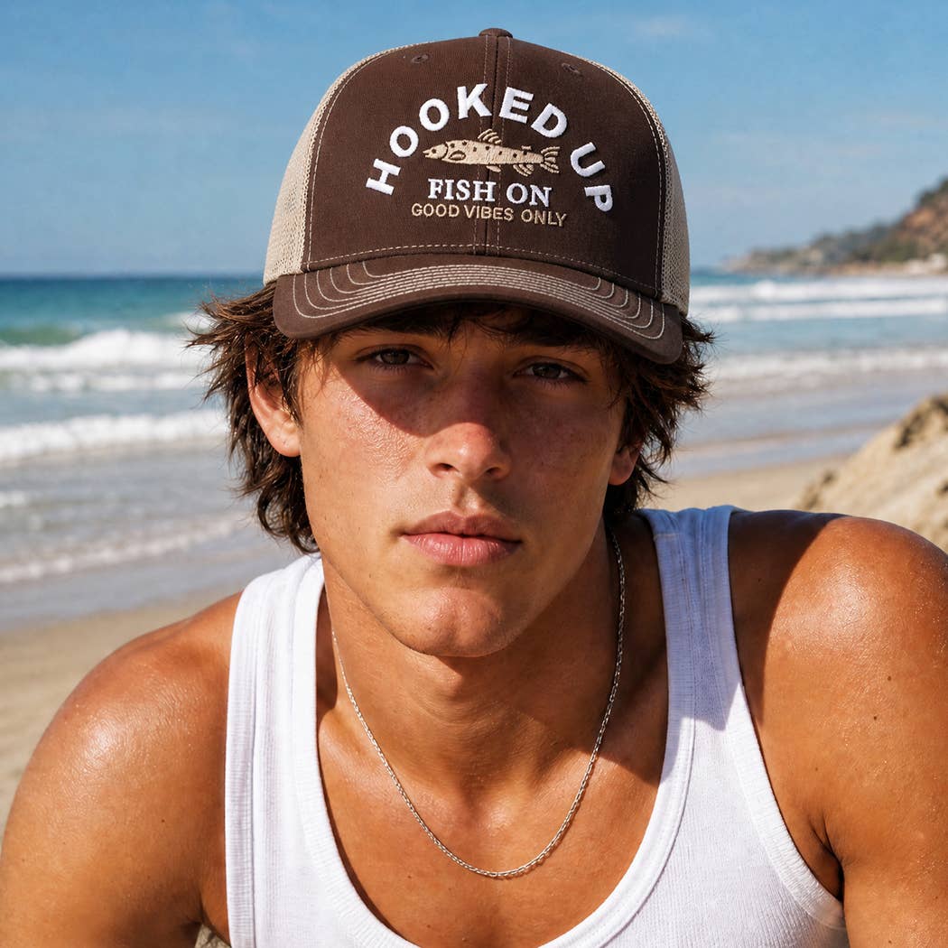 HOOKED UP FISH ON Mid Profile Mesh Back Trucker Hat
