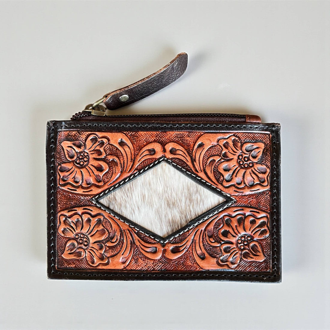 Dime tooled leather &amp; cowhide coin pouch 