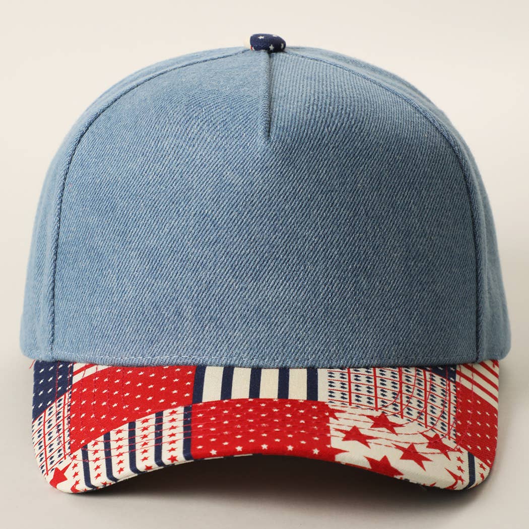 Denim Crown Patchwork USA Flag Print Brim Trucker Hat
