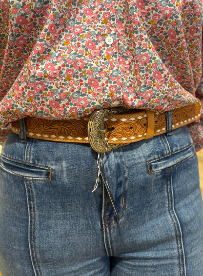 Tan stitched tooling leather belt 