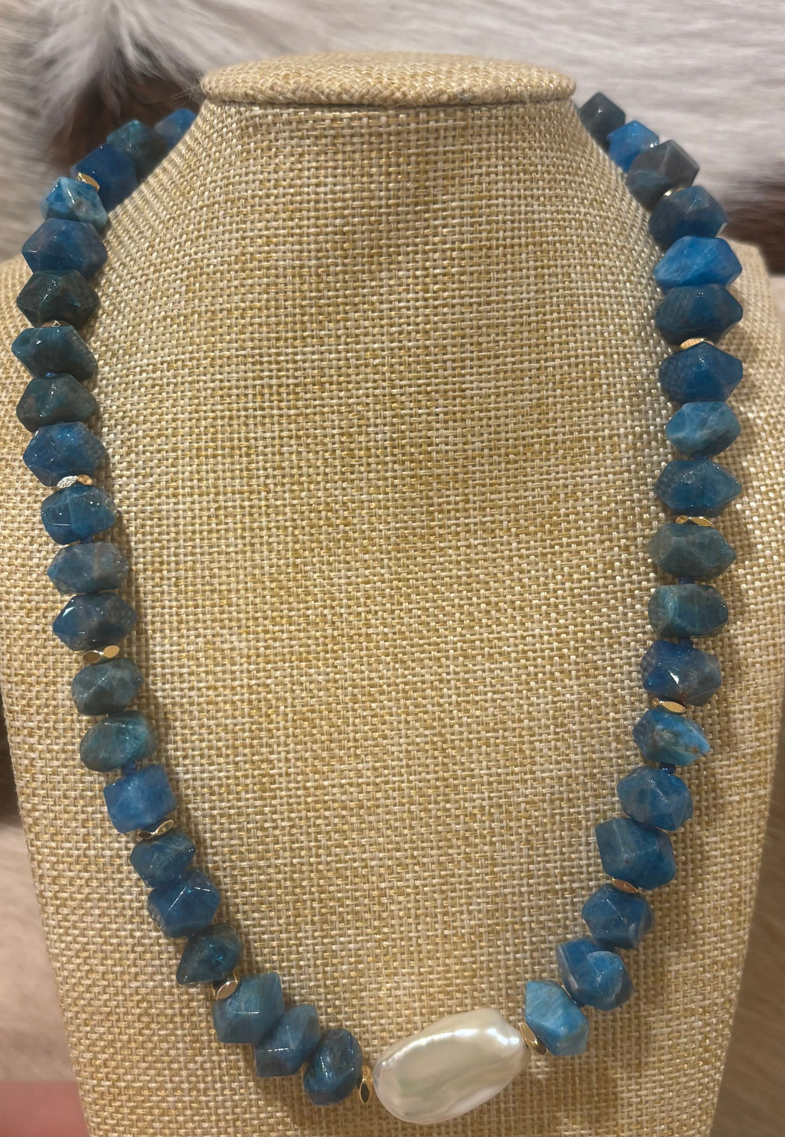 Faceted natural apatite and fresh water Keshi pearl 