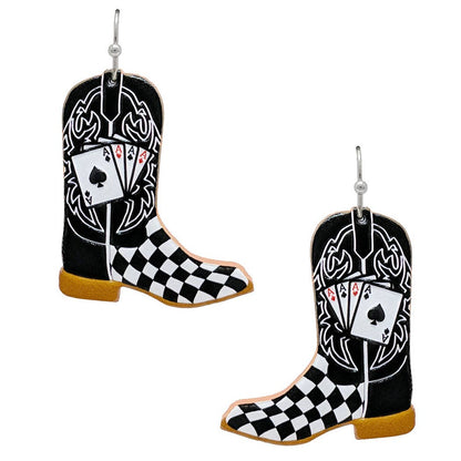 Boots Checkered Pattern Leather Hook Earrings