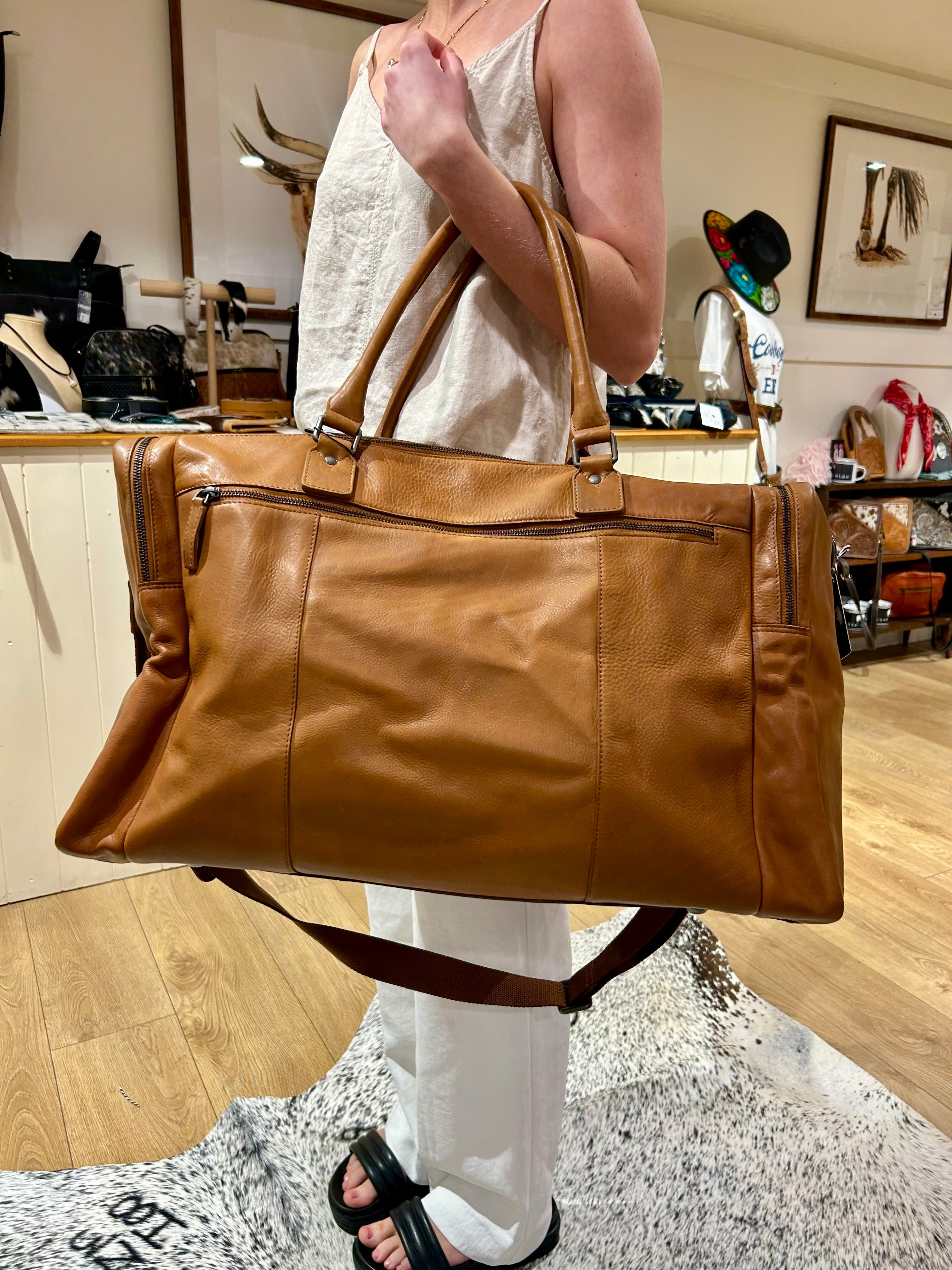 Tan Leather Overnight Bag 