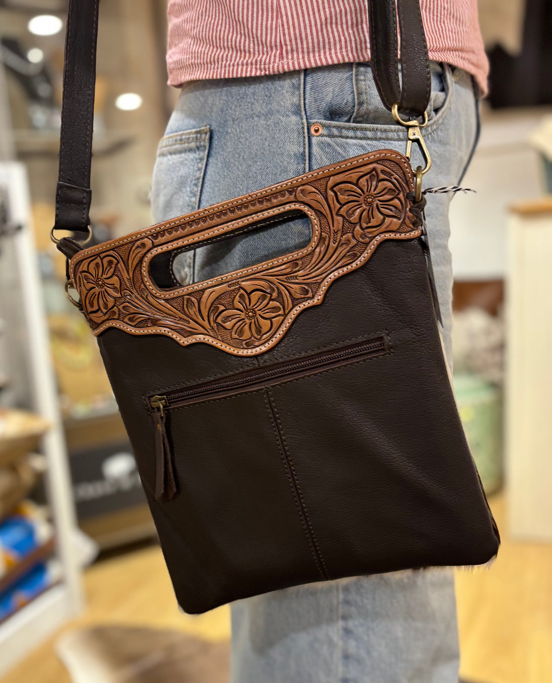 Sundance hide &amp; tooled leather handbag 