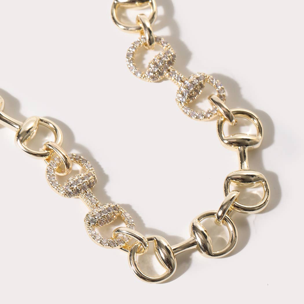 Gold Horsebit CZ Pave Link Necklace