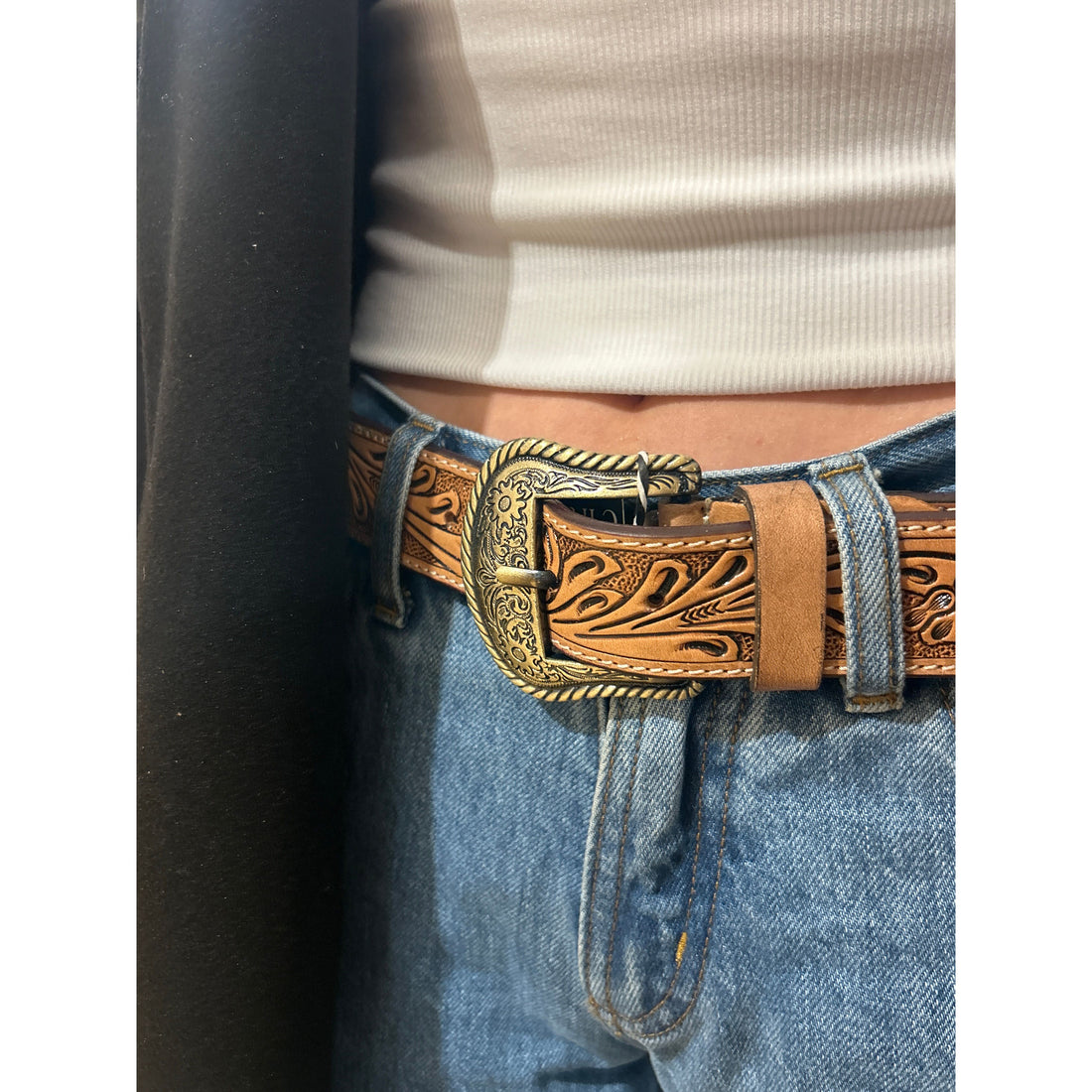 Chocolate Tooled Leather and Hide Belt