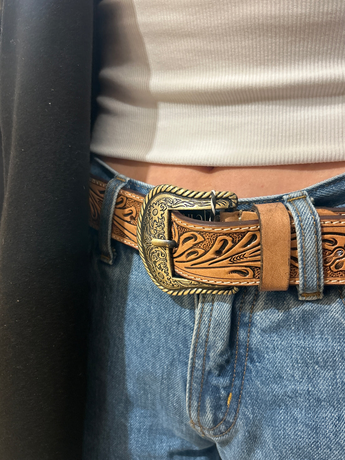 Chocolate Tooled Leather and Hide Belt 