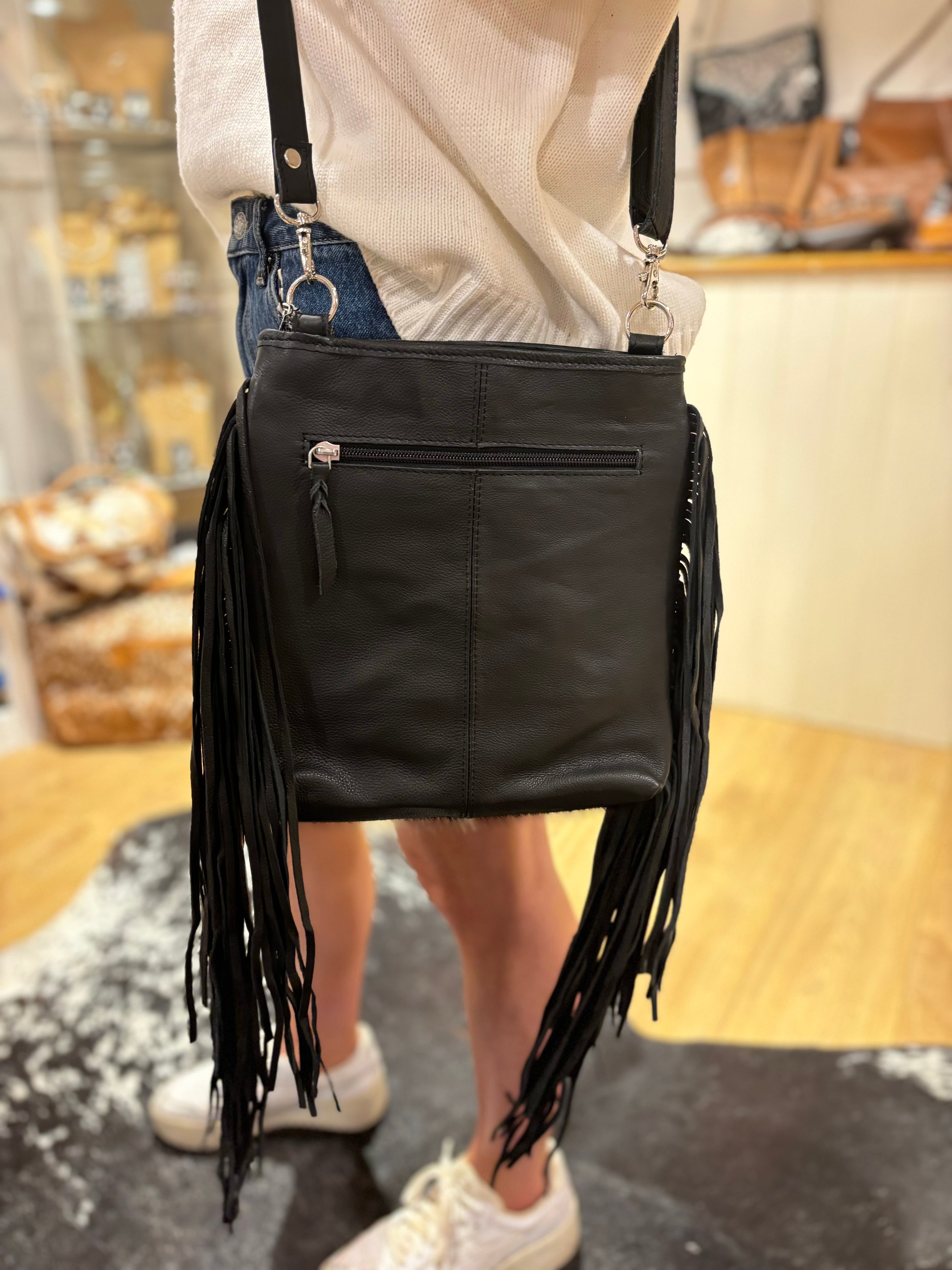 Hand Painted Tooling Leather Medium Sling Cowhide Bag With Fringes – AB72