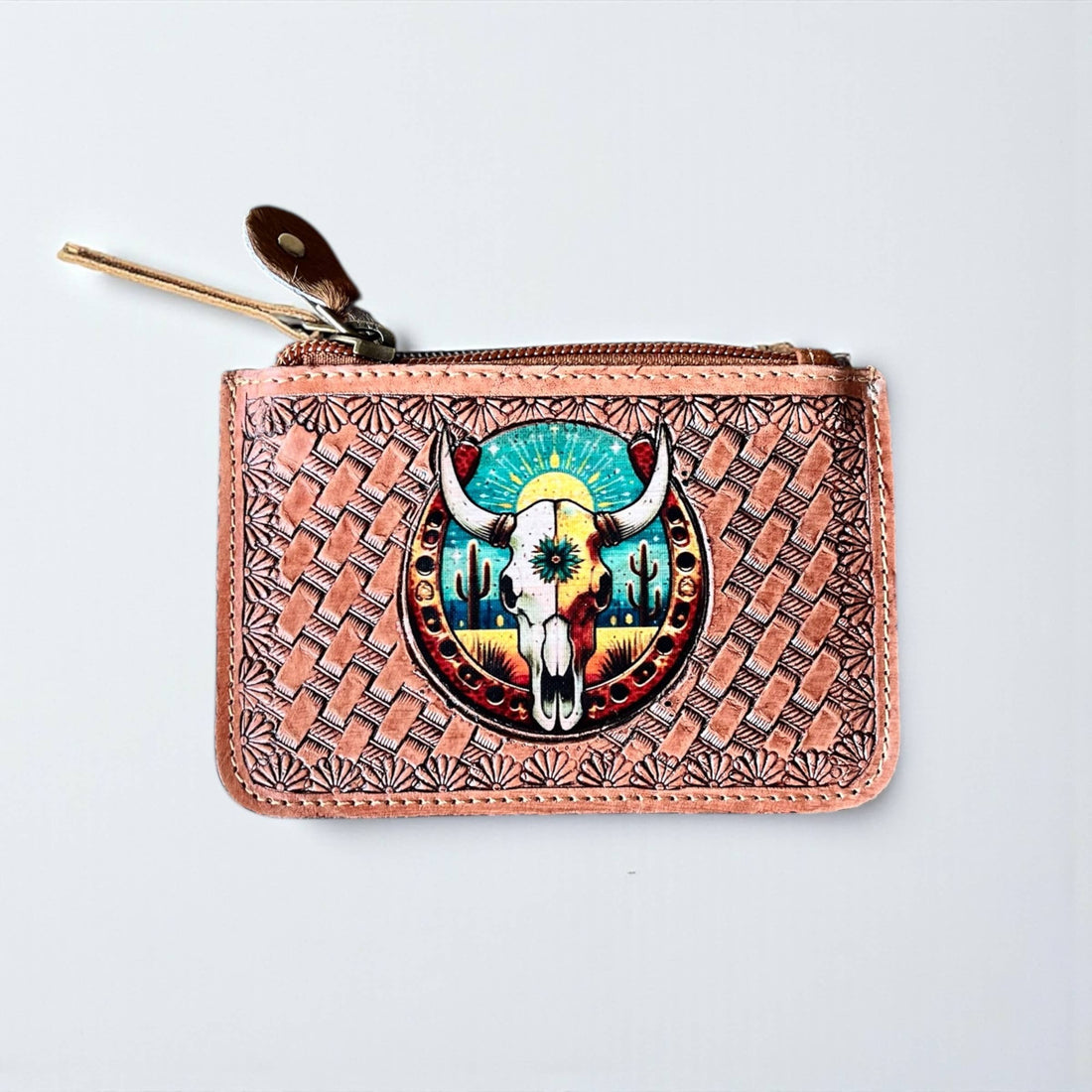 Aztec skull tooled leather coin pouch