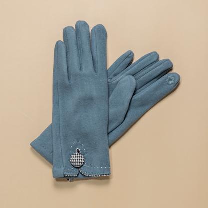 Teal: Houndstooth Button Border Gloves