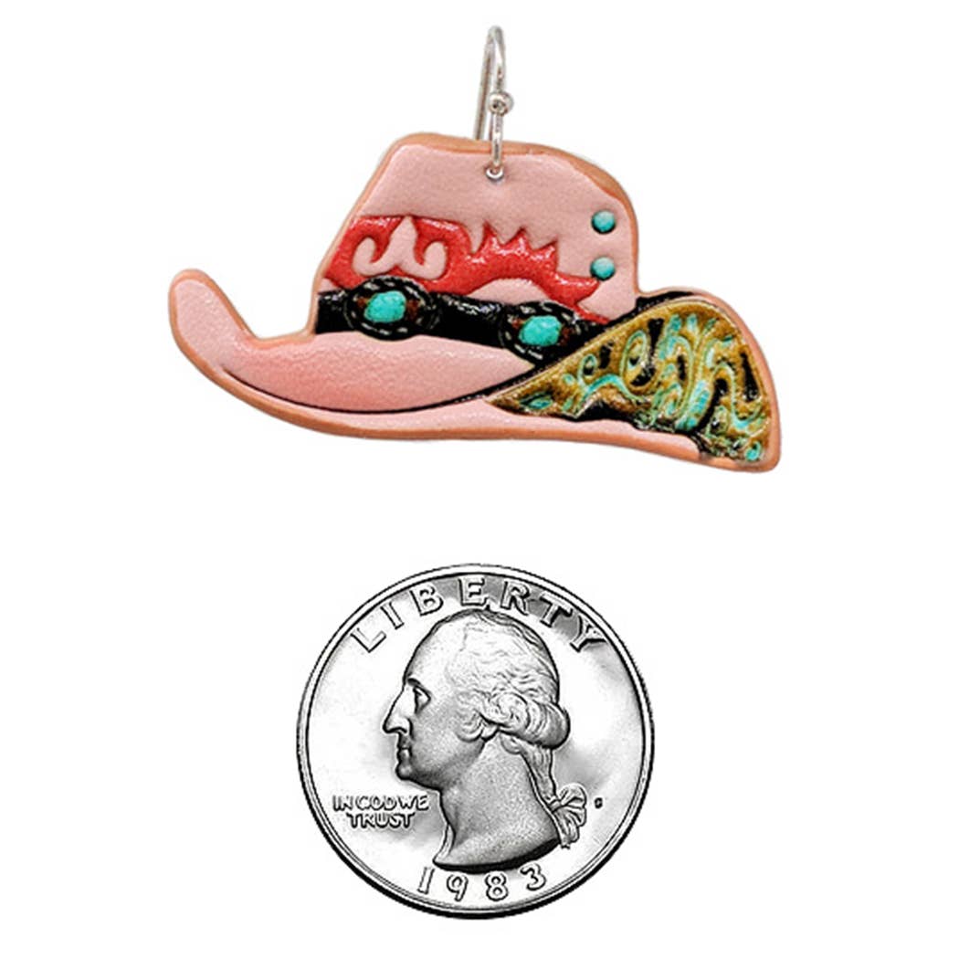 Western Tooled Cowboy Hat Hook Earrings - Pink
