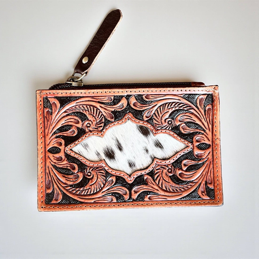 Tooled leather & cowhide coin pouch