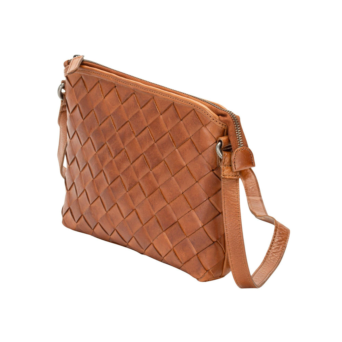 Mila – Diamond Weave Crossbody Bag (Cognac)
