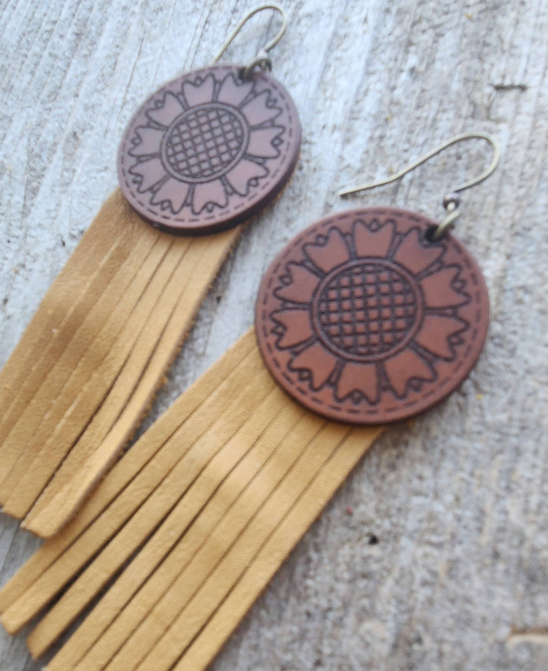&quot;Kansas&quot;  Handmade Tooled Leather and Fringe Earrings