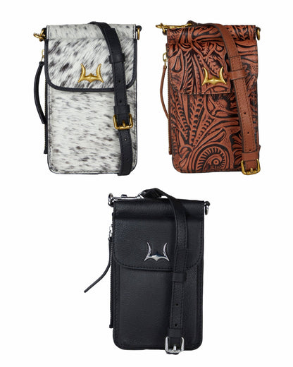 Shell Phone Bag In Black And White Cowhide