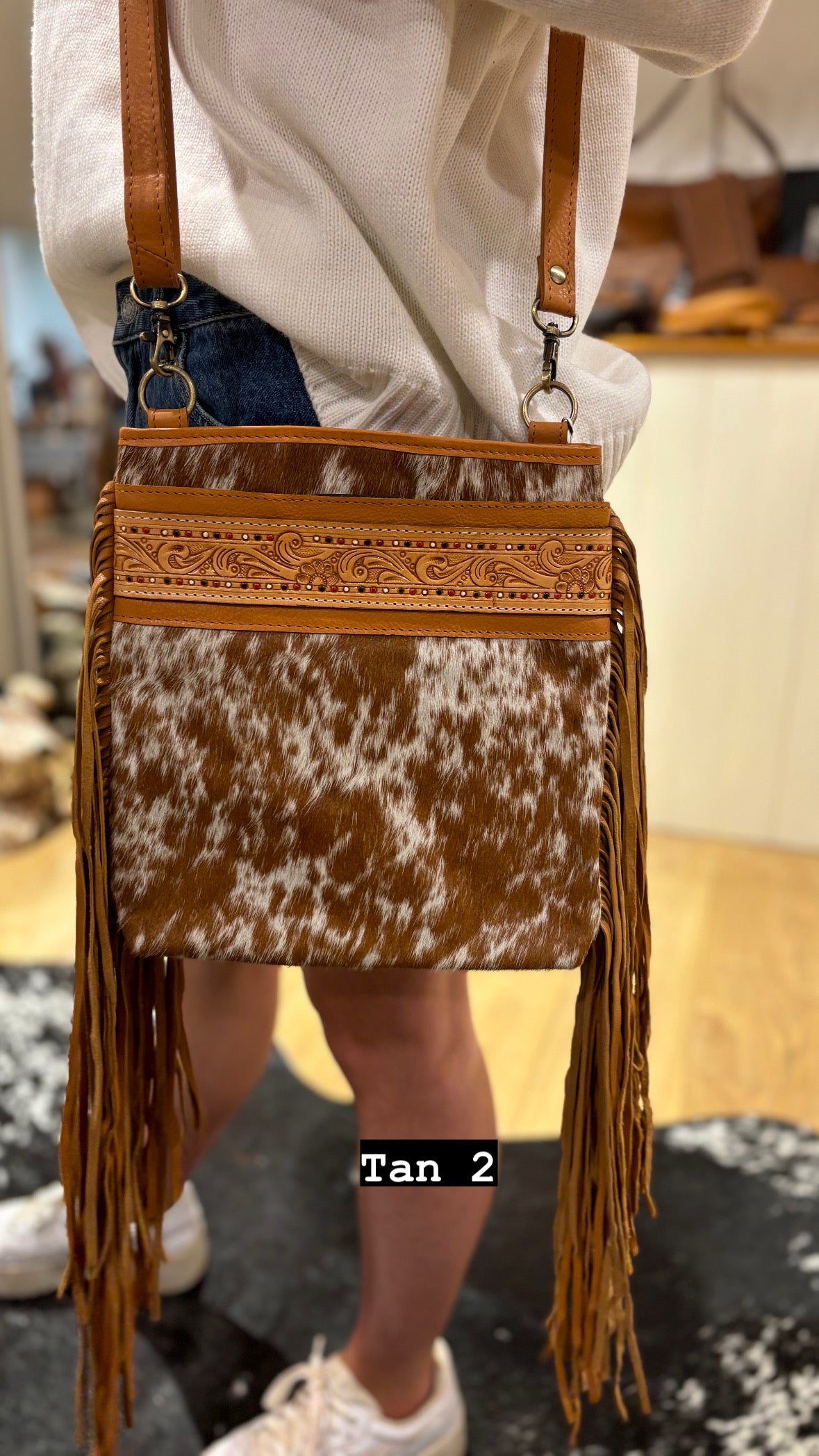 Hand Painted Tooling Leather Medium Sling Cowhide Bag With Fringes – AB72