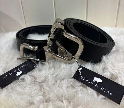 Mens Leather Belt Black with Sliver Buckle 