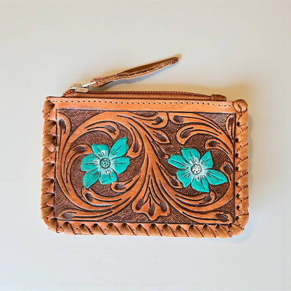 Turquoise blossom tooled &amp; cowhide coin pouch 
