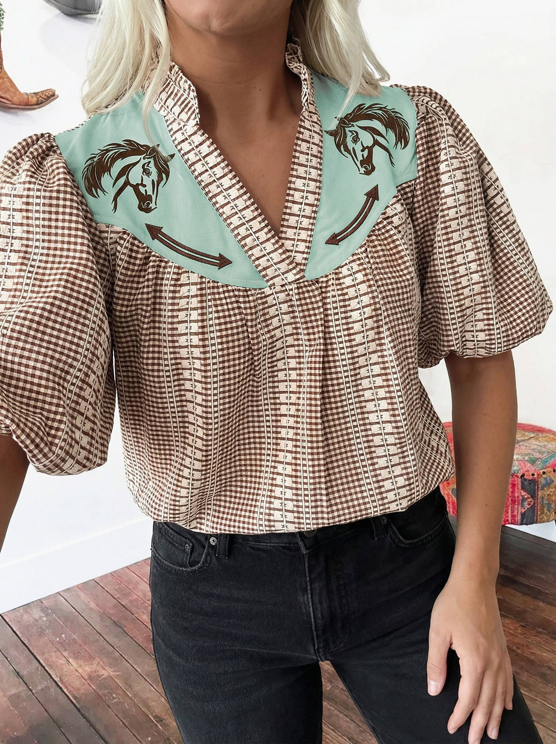 Western Pony Embroidered Yoke Puff Sleeve Gingham Blouse