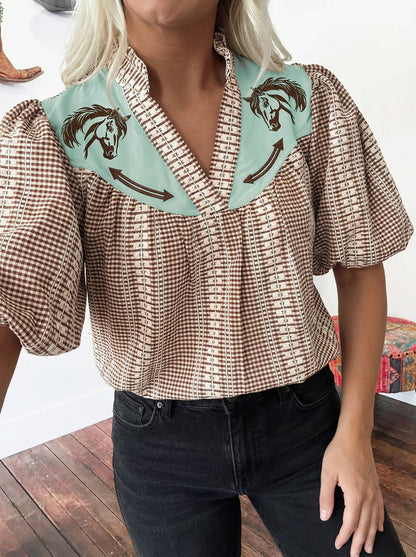 Western Pony Embroidered Yoke Puff Sleeve Gingham Blouse