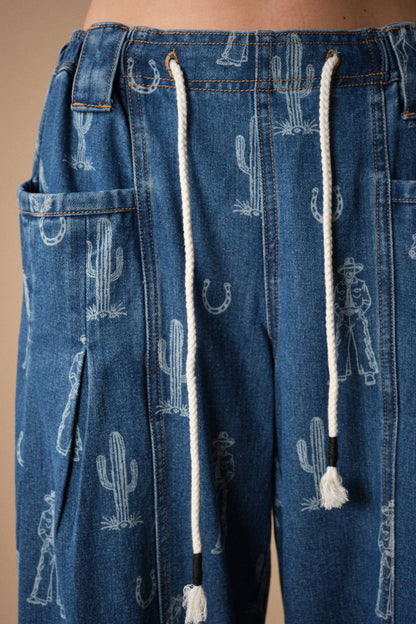 Western Print Barrel Denim Pants