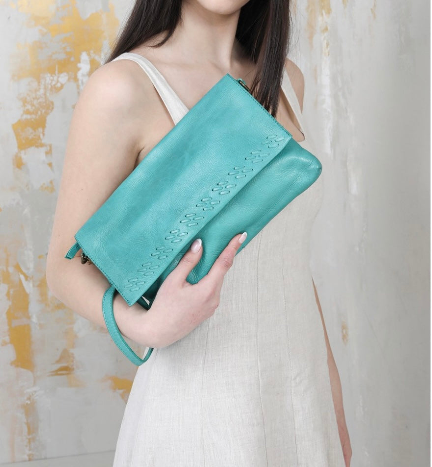 Aqua Leather crossbody/Clutch 