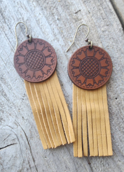 &quot;Kansas&quot;  Handmade Tooled Leather and Fringe Earrings