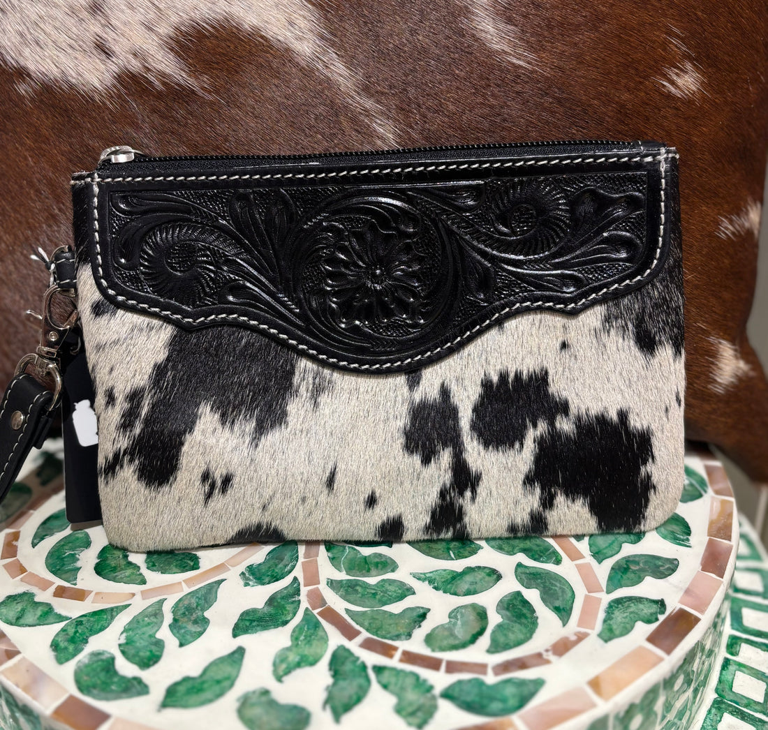 Mia Hide &amp; tooled leather clutch 