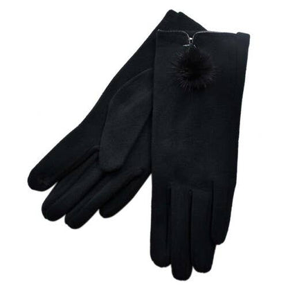 Black: Fur Pom Pom Gloves