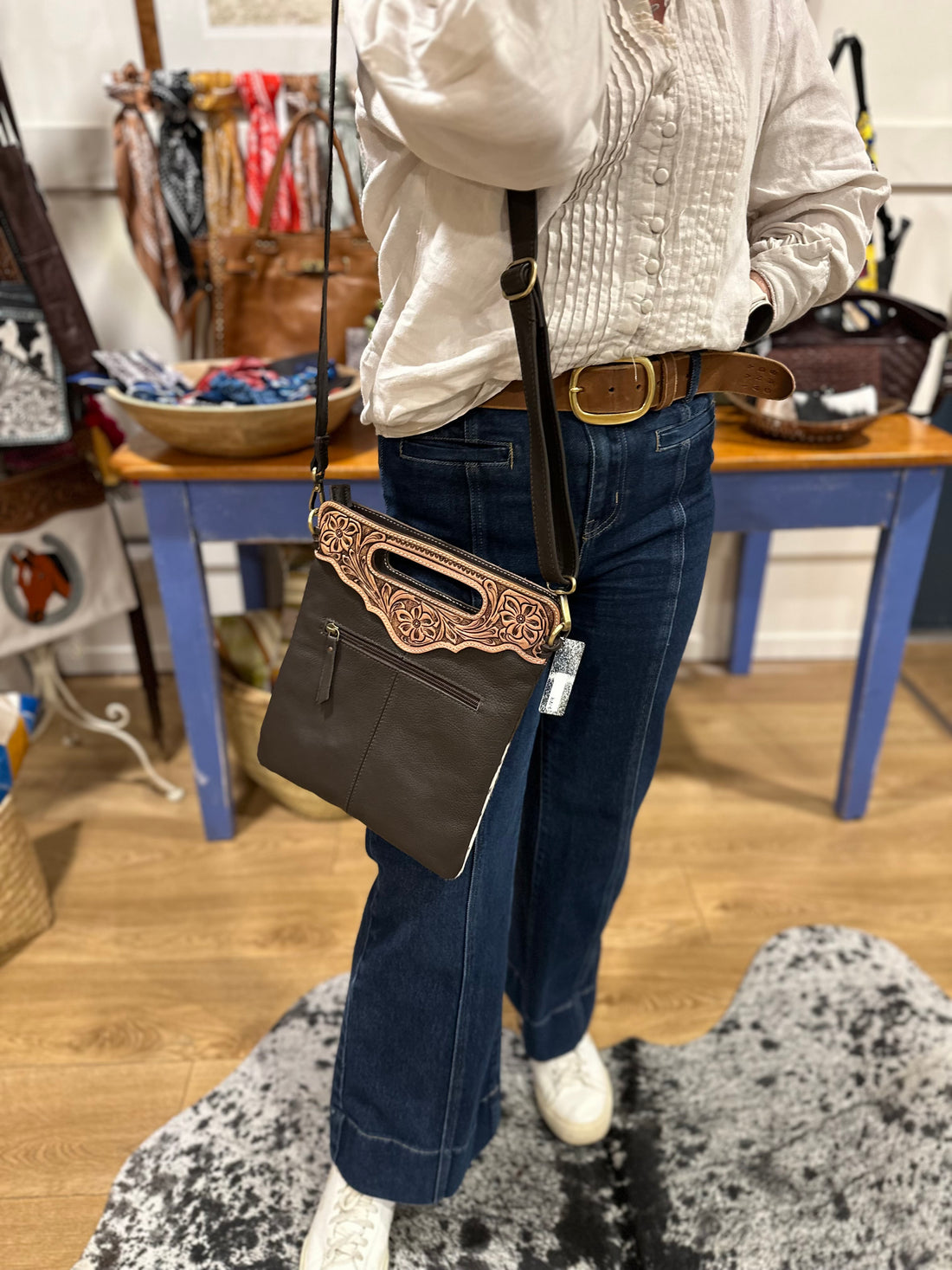 Sundance hide &amp; tooled leather handbag 